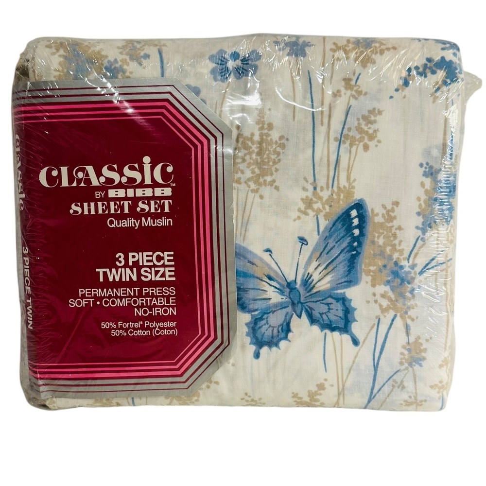 Bibb Classic Butterfly Dream 3 Piece Twin Sheet Set Blue Beige 80s 90s No‎ Iron